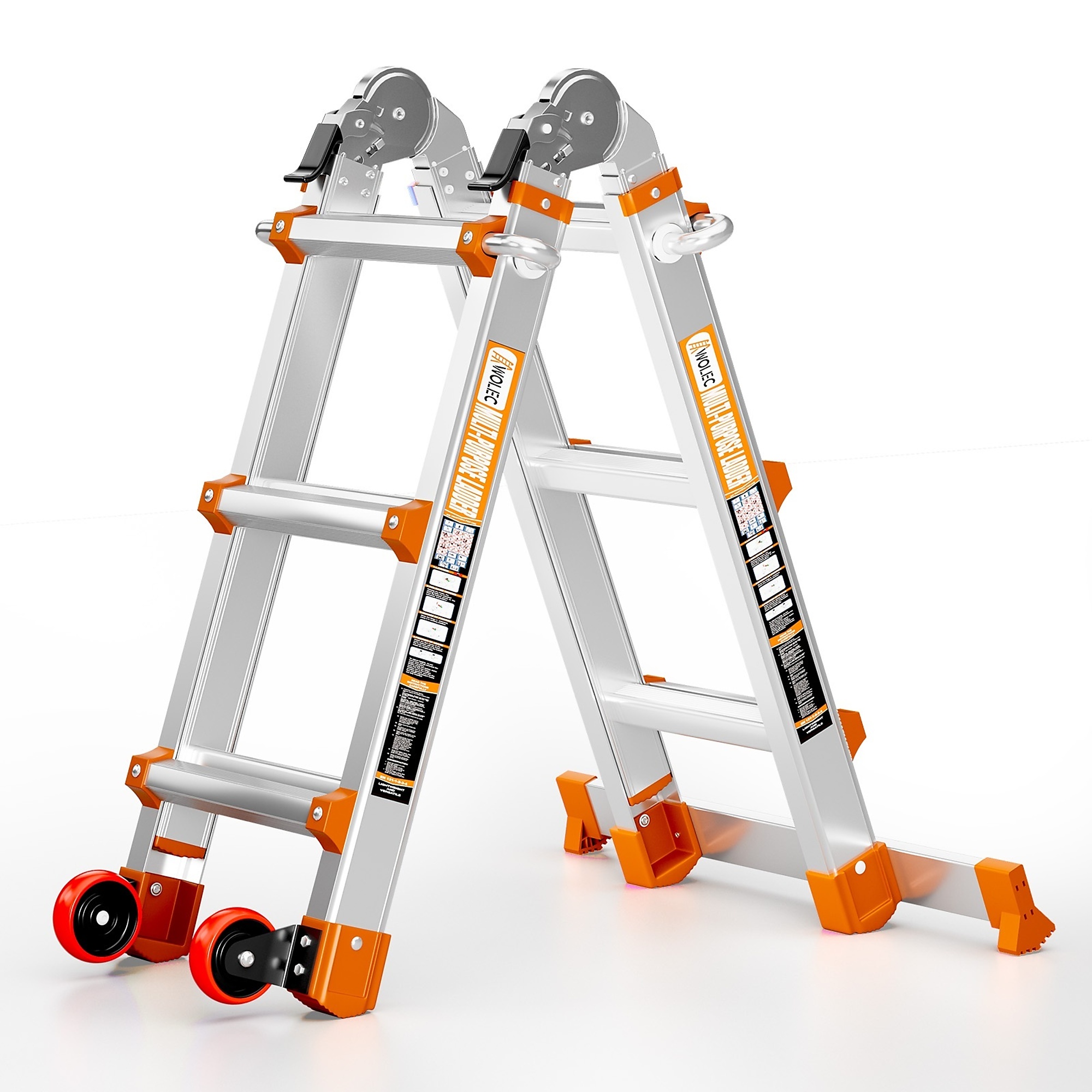 11 ft Reach Aluminum Multi-Position Ladder with Wheels & Stabilizer Bar, 330 lbs. Load Capacity, Orange